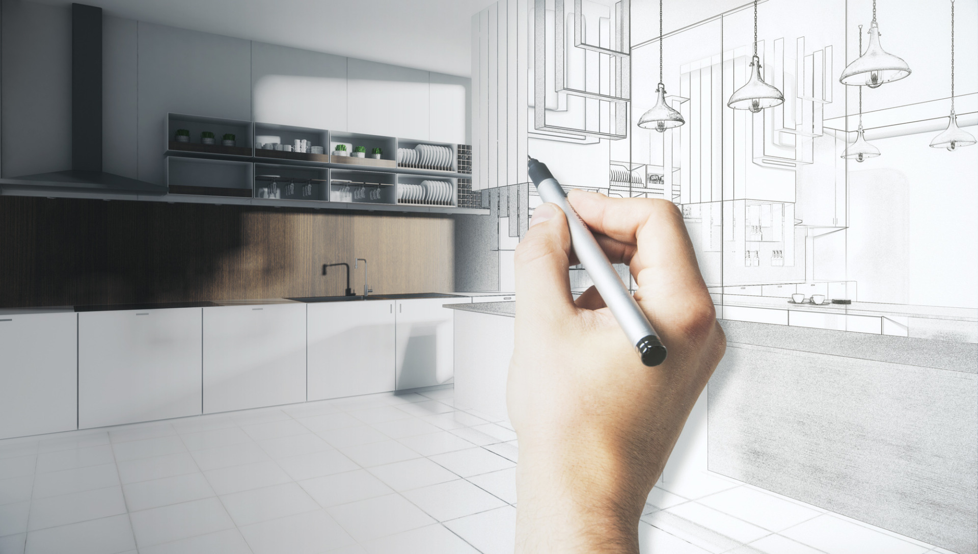 Male hands drawing abstract unfinished kitchen interior sketch. Architecture and project concept. 3D Rendering